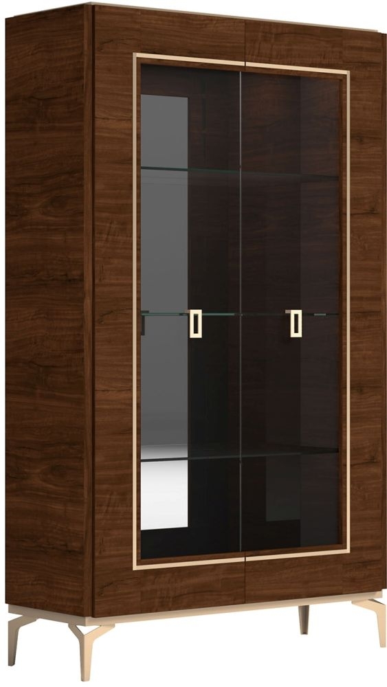 Product photograph of Modern Eva Walnut Italian 2 Glass Door Vitrine With Gold Trim from Choice Furniture Superstore.